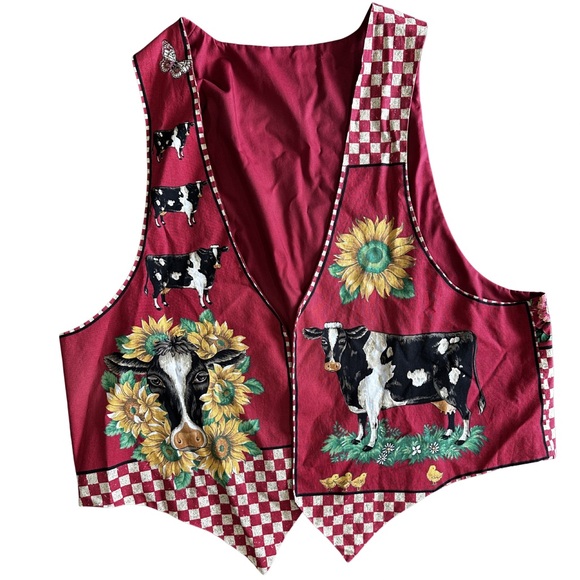 Jackets & Blazers - Vintage Cow Print Patchwork Vest Sunflower Farmhouse Cottagecore Red XL